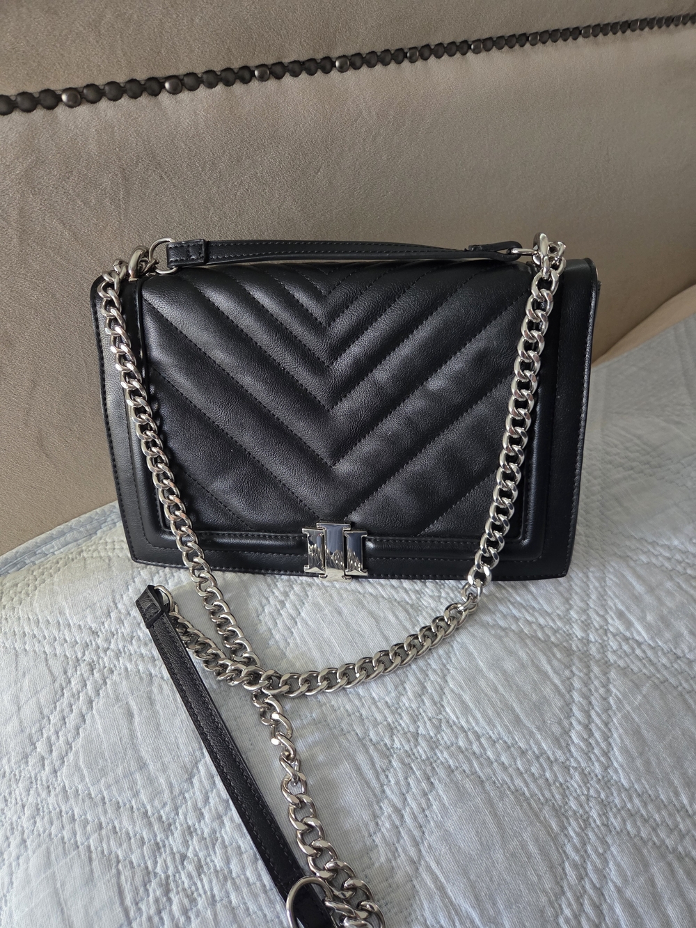 INC International Concepts Black Quilted Chevron Shoulder Bag with Silver Chain - Picture 2 of 8